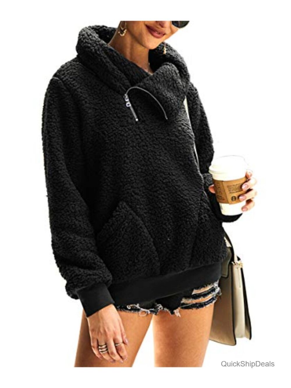 Women's Sherpa Fleece Pullover 1/4 Zip Sweatshirt Lapel Collar with Pockets